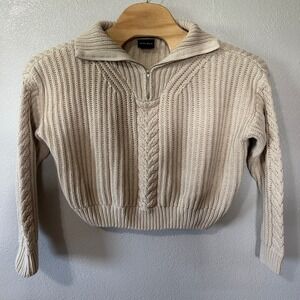 Miou Muse Cable Knit 1/4 Zip‎ Pullover Sweater Knit Beige Womens Small